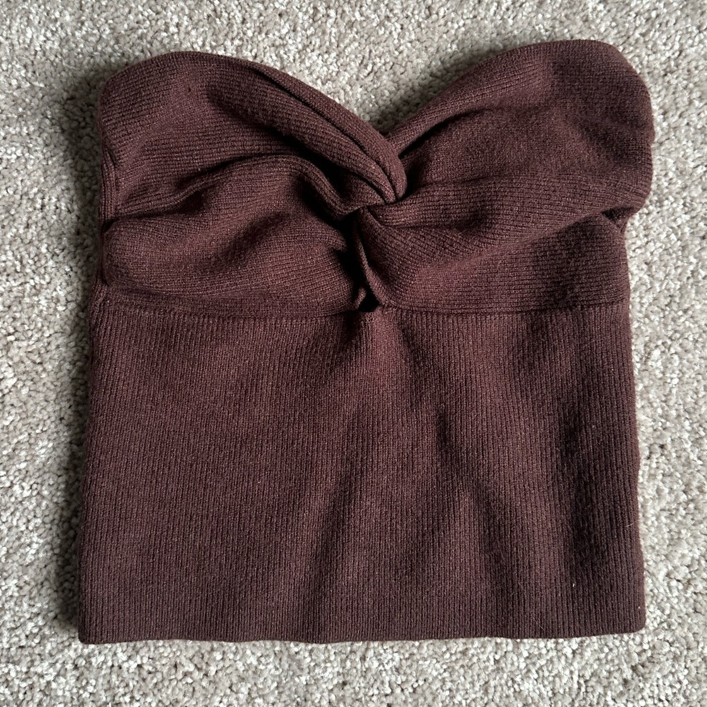 Brown Knitted Strapless Crop Top